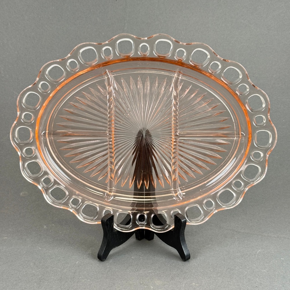 Pink Depression Glass Divided Relish Tray Serving Dish Lace Edge Sunburst Patter
